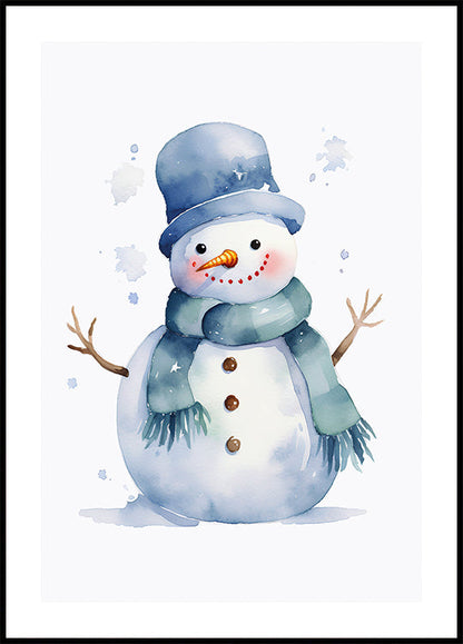 a watercolor painting of a snowman wearing a hat and scarf