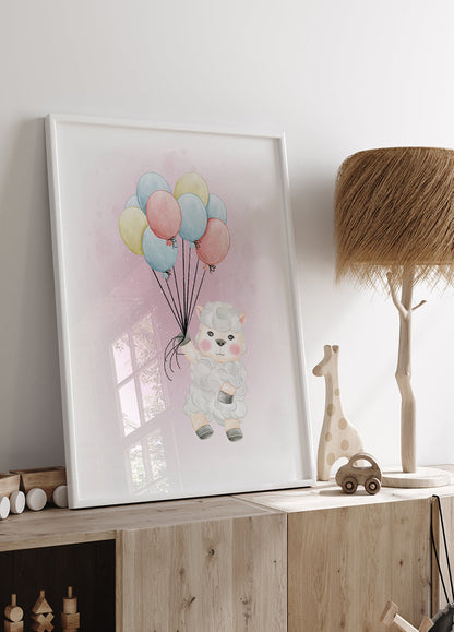 Póster de lindo cordero con globos