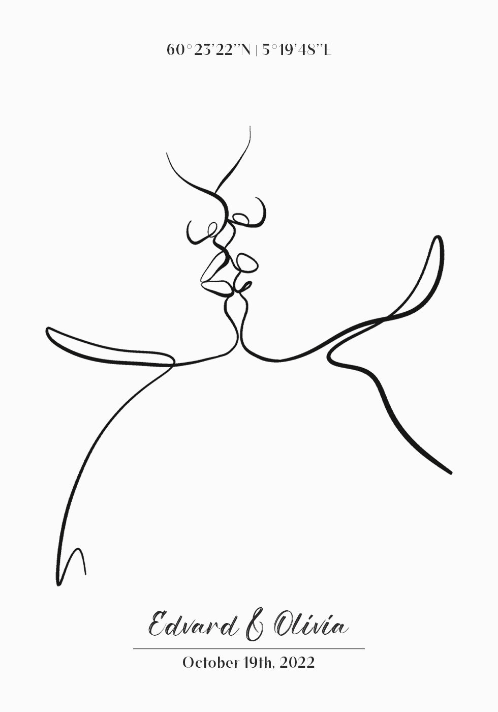 Póster Pareja besándose arte lineal personalizado