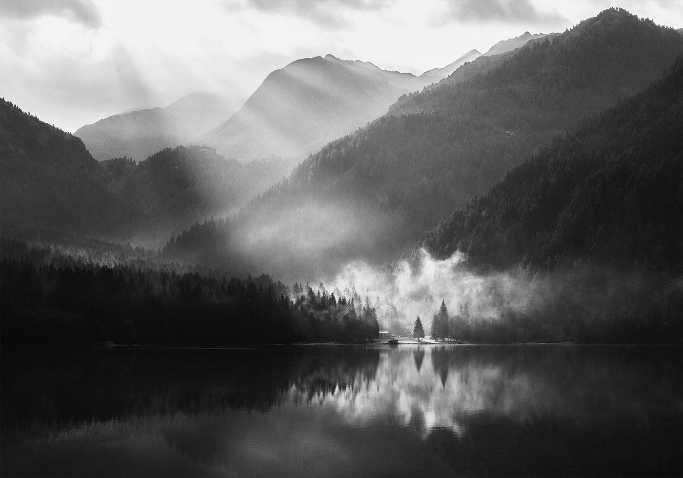 Póster Orilla brumosa de un lago de montaña 