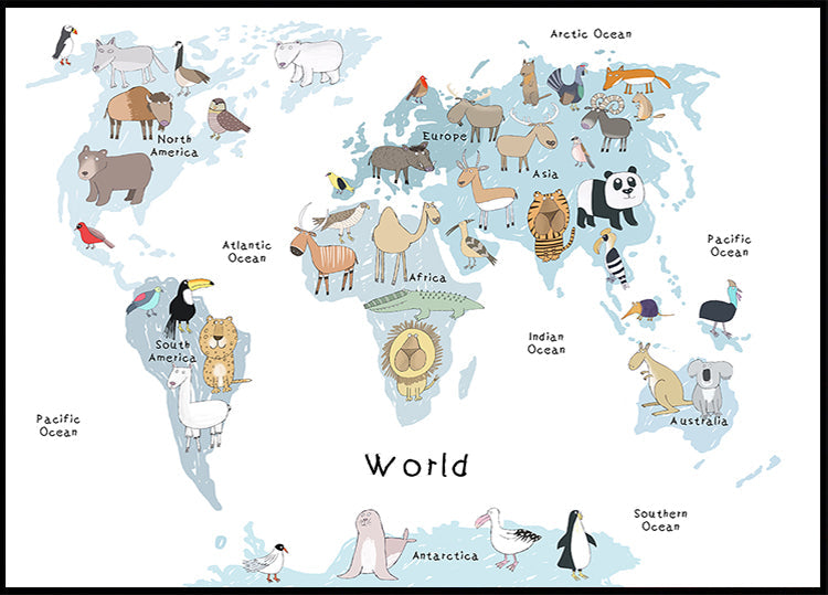 Mapa ilustrado del mundo con lindos animales Póster