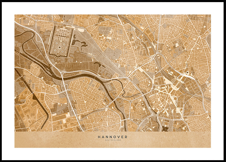 Mapa antiguo en sepia del centro de Hannover, Alemania (NUEVO)