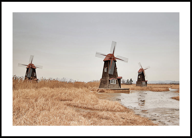 Póster de antiguos molinos de viento en el campo 