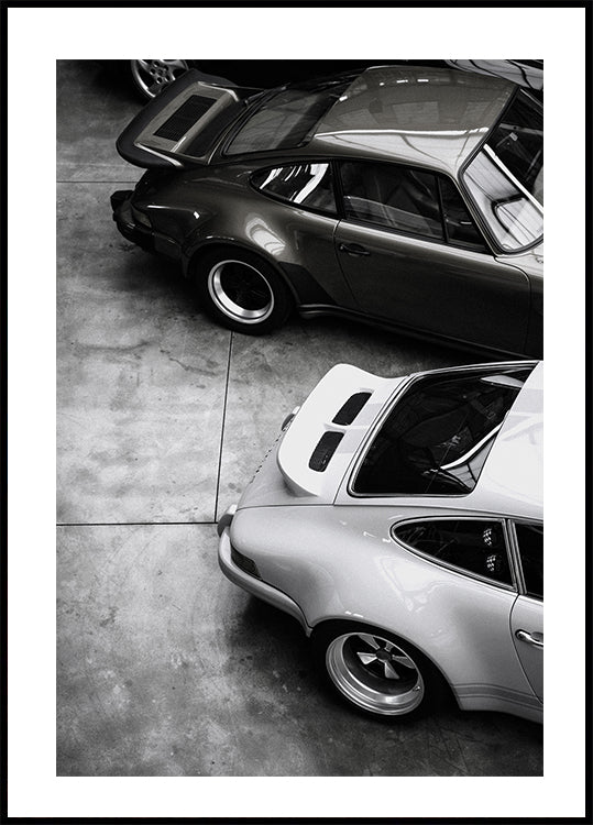 Póster de un Porsche clásico en blanco y negro