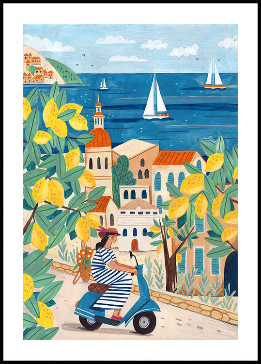 Póster Mujer de viaje en la costa de Amalfi, Italia