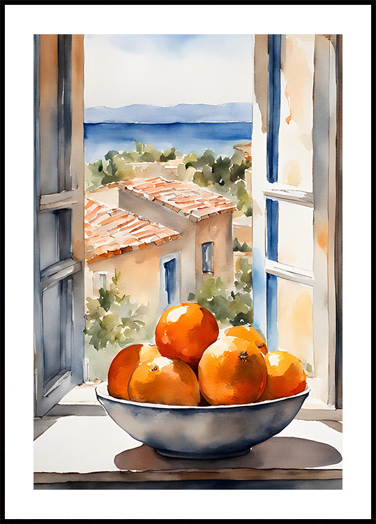 Póster Tazón de naranja en la ventana