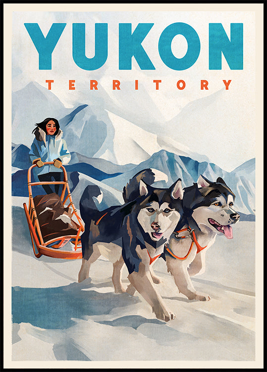 Póster de viaje en trineo tirado por perros en el territorio de Yukon