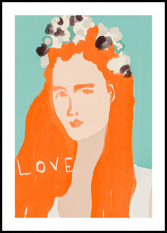 Mujer con cabello naranja adornada con flores Póster