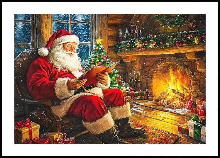 Póster de Papá Noel leyendo junto a la chimenea