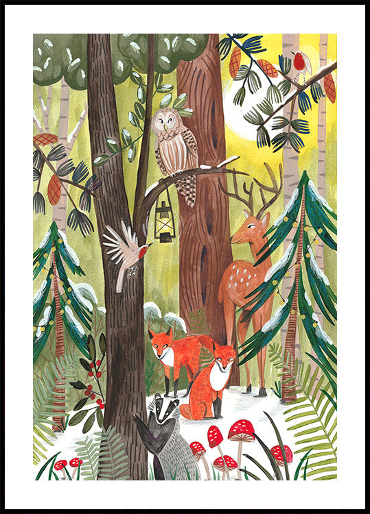 Póster Bosque verde de Navidad con animales