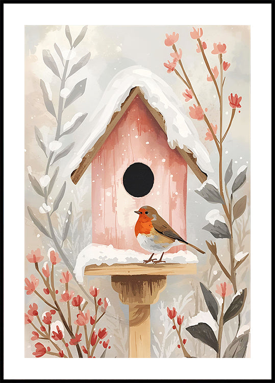 Póster Vogelhaus con Rotkehlchen y Pflanzen
