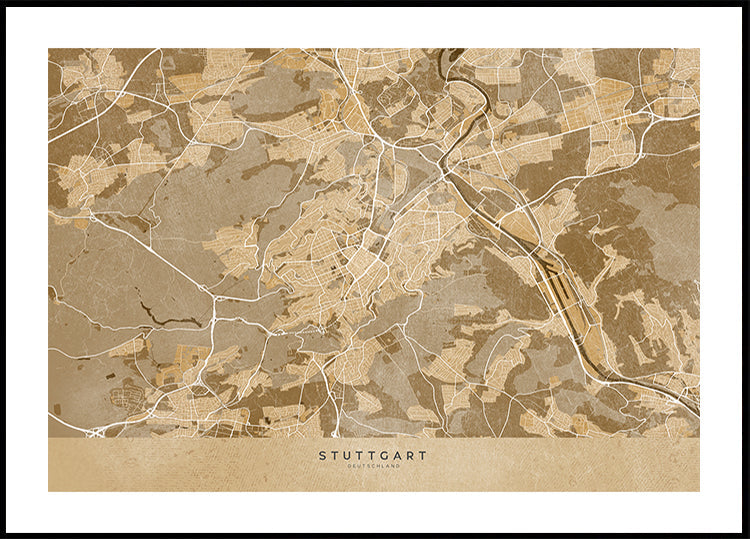 Mapa vintage en sepia del centro de Stuttgart, Alemania (NUEVO)