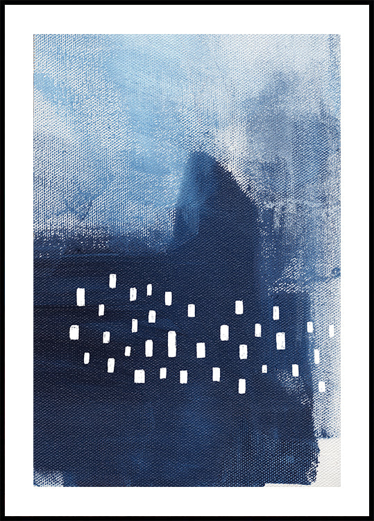 Tonos azules y elementos rectangulares blancos.