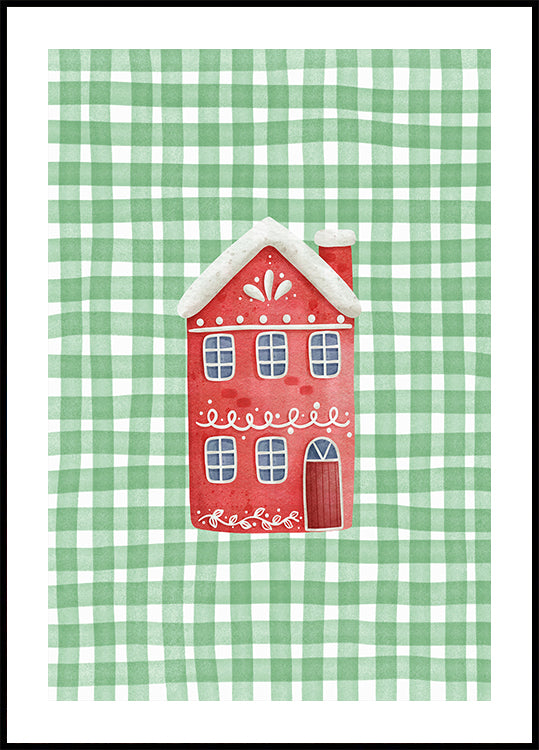 Linda casa de Navidad roja sobre cuadros verdes Póster