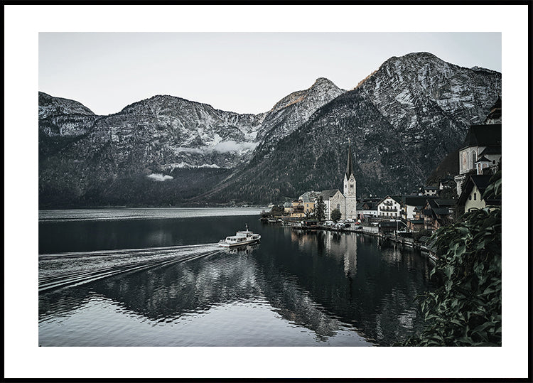 Serene Mountain Village Reflection Plakat - Posterbox.dk