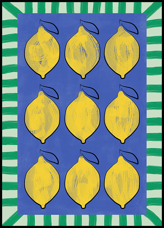Limones amarillos vibrantes sobre un azul profundo Póster