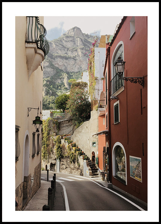 Póster de una calle encantadora en Positano