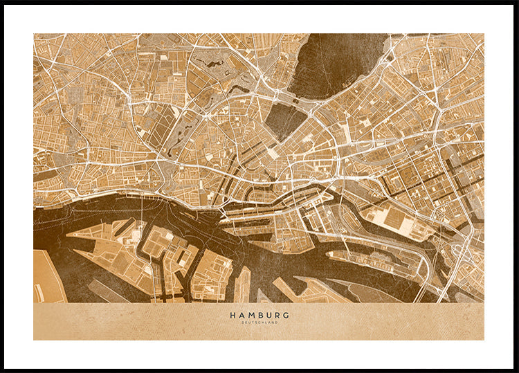 Mapa antiguo en sepia del centro de Hamburgo, Alemania (NUEVO)