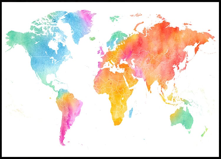 Póster de mapa del mundo en acuarela de colores