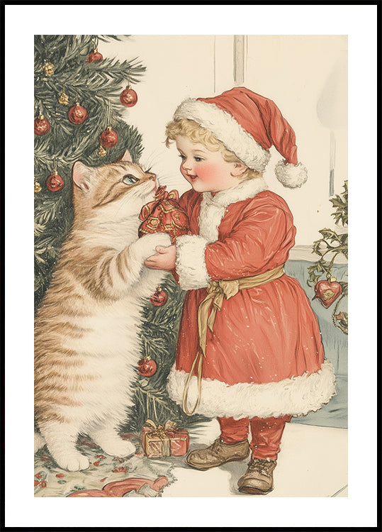 Póster Navidad niño y gato