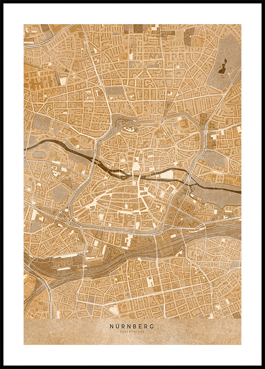 Mapa antiguo en sepia del centro de Nuremberg, Alemania (NUEVO)