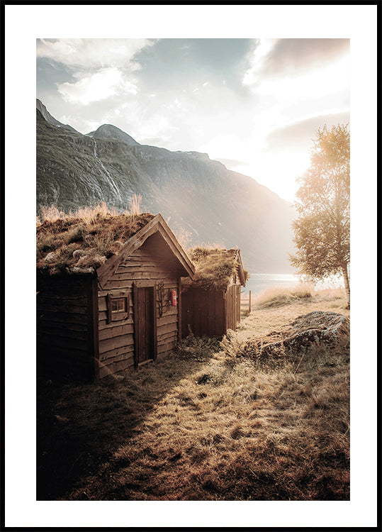 Rustic Houses at Sunset by Lovatnet Lake Plakat - Posterbox.dk