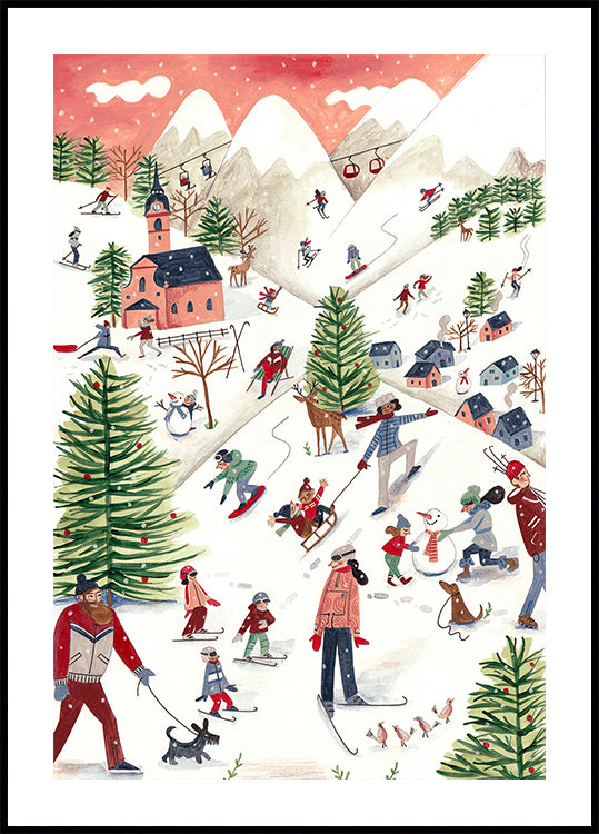 Mountain landscape with houses in the snow Plakat