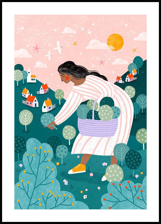Una mujer recogiendo árboles