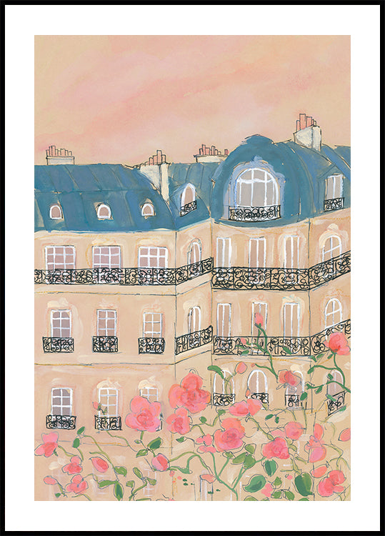 Puesta de sol sobre los edificios de París Póster