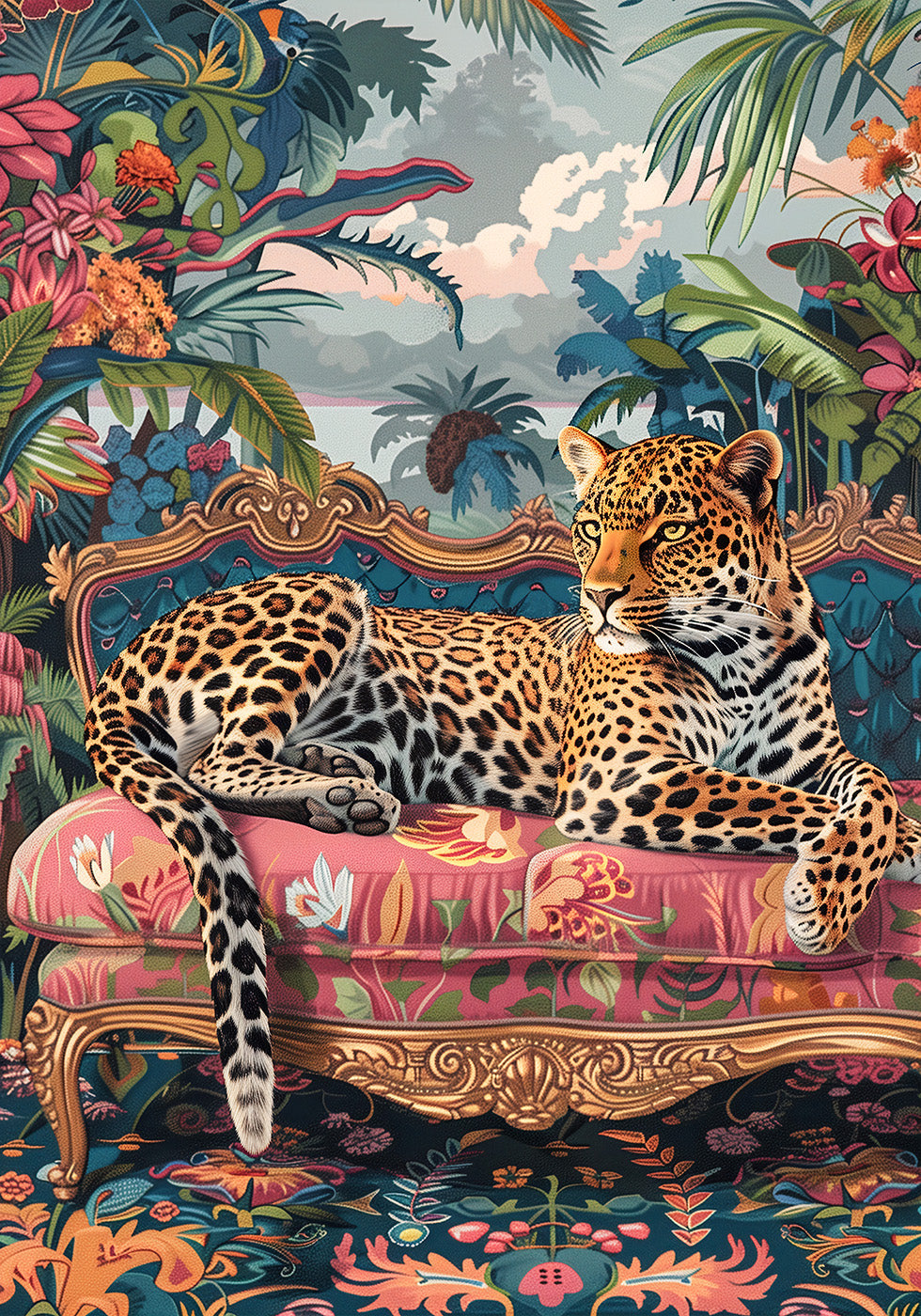 Leopard Lounging on a Luxury Sofa Plakat - Posterbox.dk