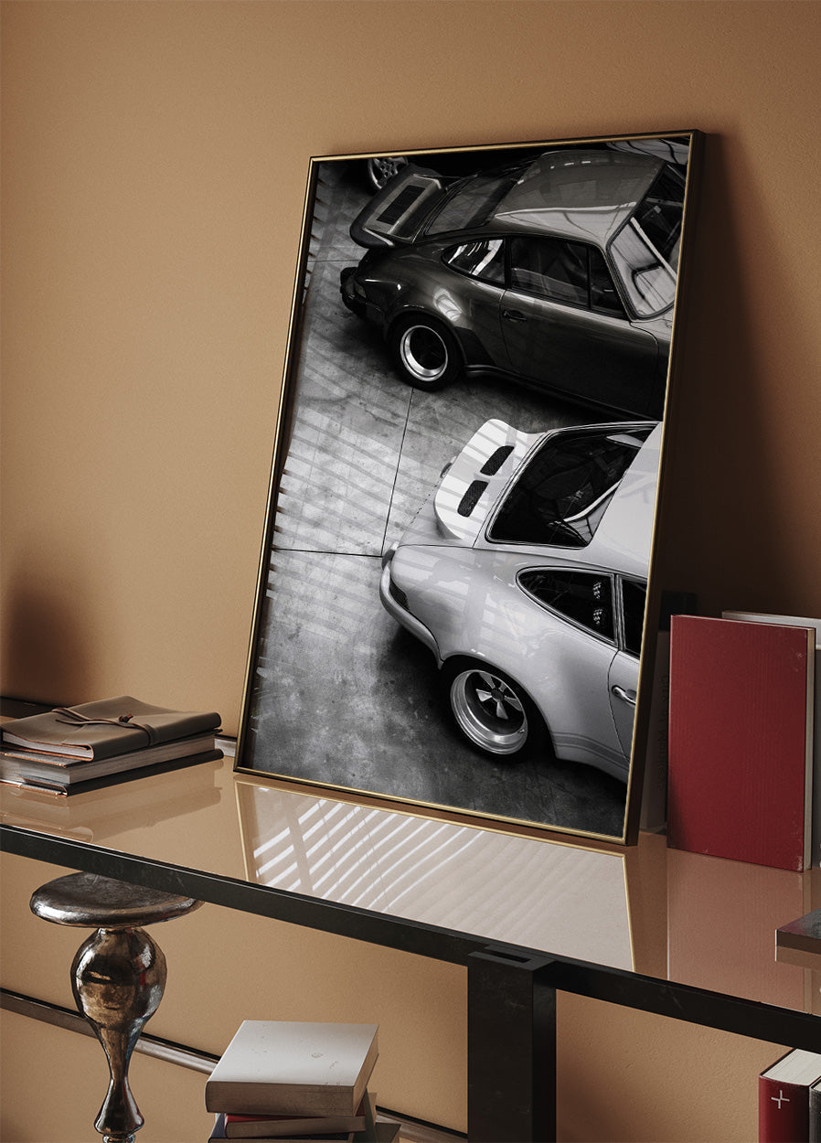 Póster de un Porsche clásico en blanco y negro