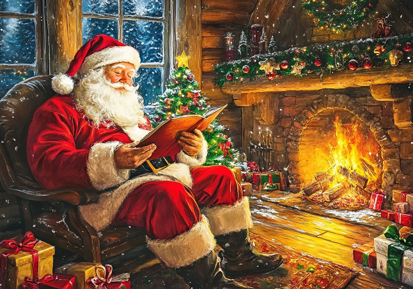 Póster de Papá Noel leyendo junto a la chimenea