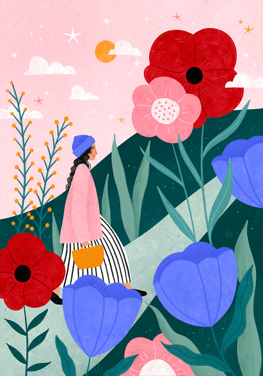 Póster Mujer caminando en el jardín de flores