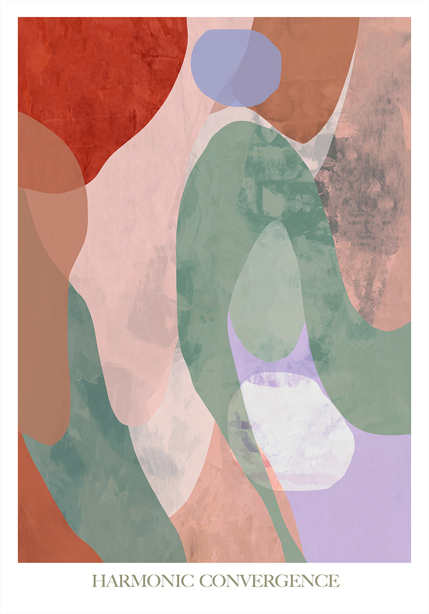 La imagen es una obra de arte abstracto con una convergencia armoniosa de varias formas y colores, incluidos tonos de rojo, verde, azul y morado.