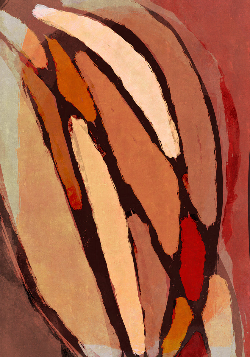 La imagen es una pintura abstracta con formas llamativas y superpuestas en varios tonos de marrón, naranja y rojo. La composición crea una obra de arte abstracta dinámica y visualmente impactante.