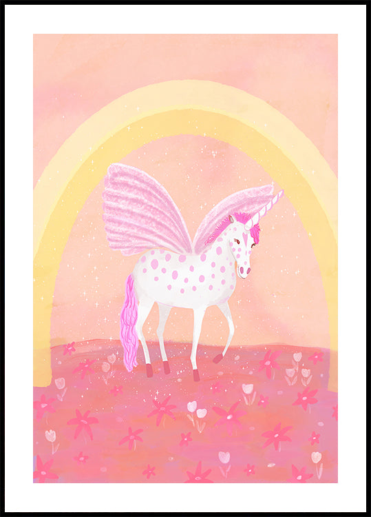 Un unicornio blanco con manchas rosas se alza sobre un campo de flores rosas, con un arco iris arqueándose detrás.