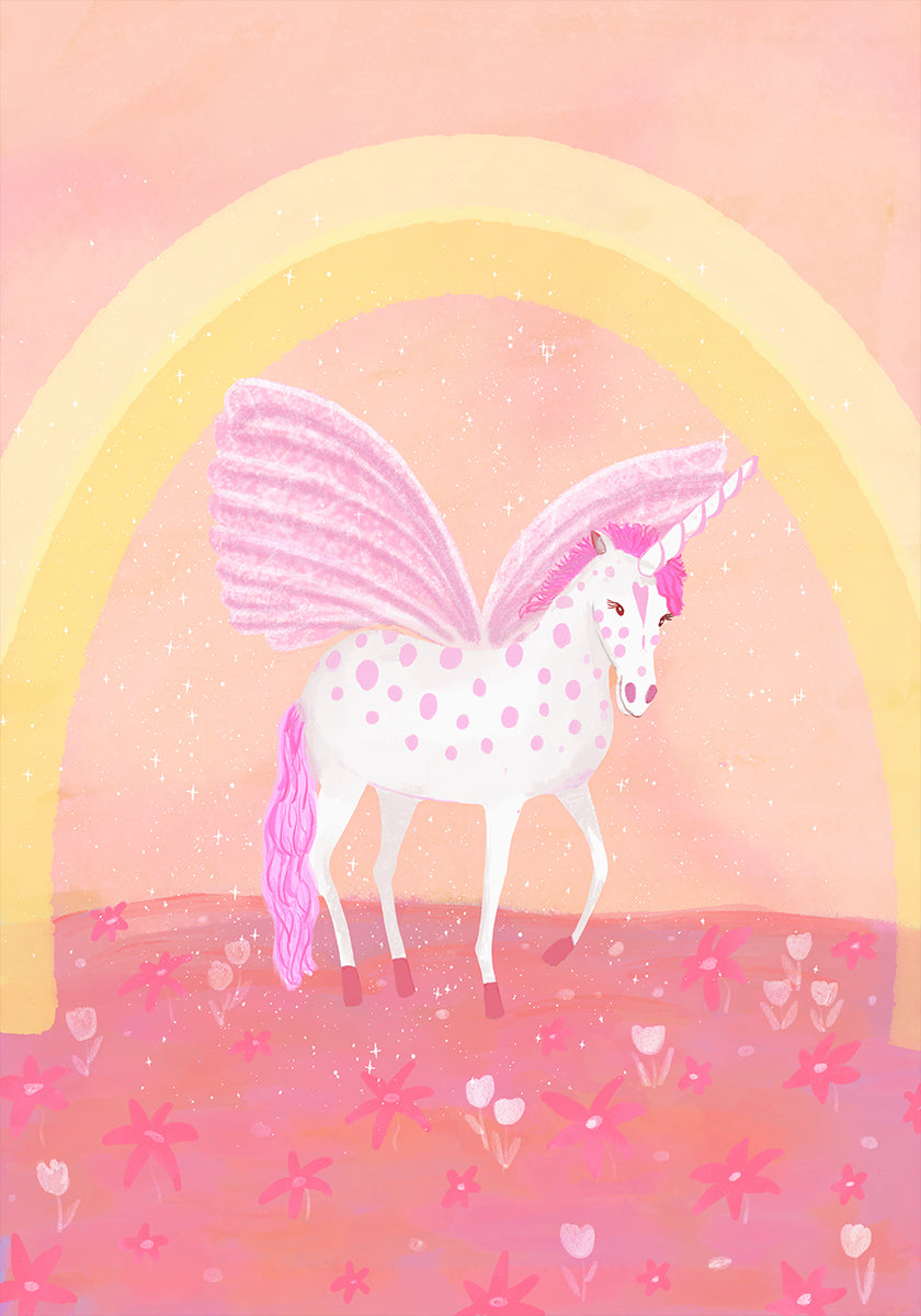 Un unicornio blanco con manchas rosas se encuentra en un campo de flores rosas, con un arco amarillo al fondo.