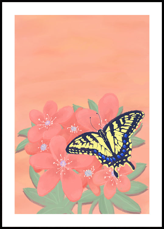 Una mariposa amarilla y negra descansa sobre flores rosas sobre un fondo color melocotón.