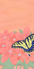Una vibrante ilustración digital de una mariposa con alas amarillas y negras posada sobre flores rosas sobre un fondo color melocotón.