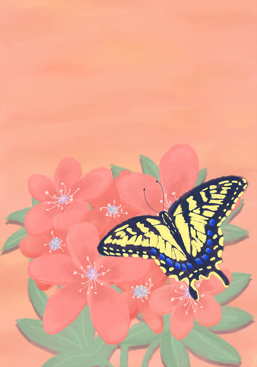 Una vibrante ilustración digital de una mariposa con alas amarillas y negras posada sobre flores rosas sobre un fondo color melocotón.