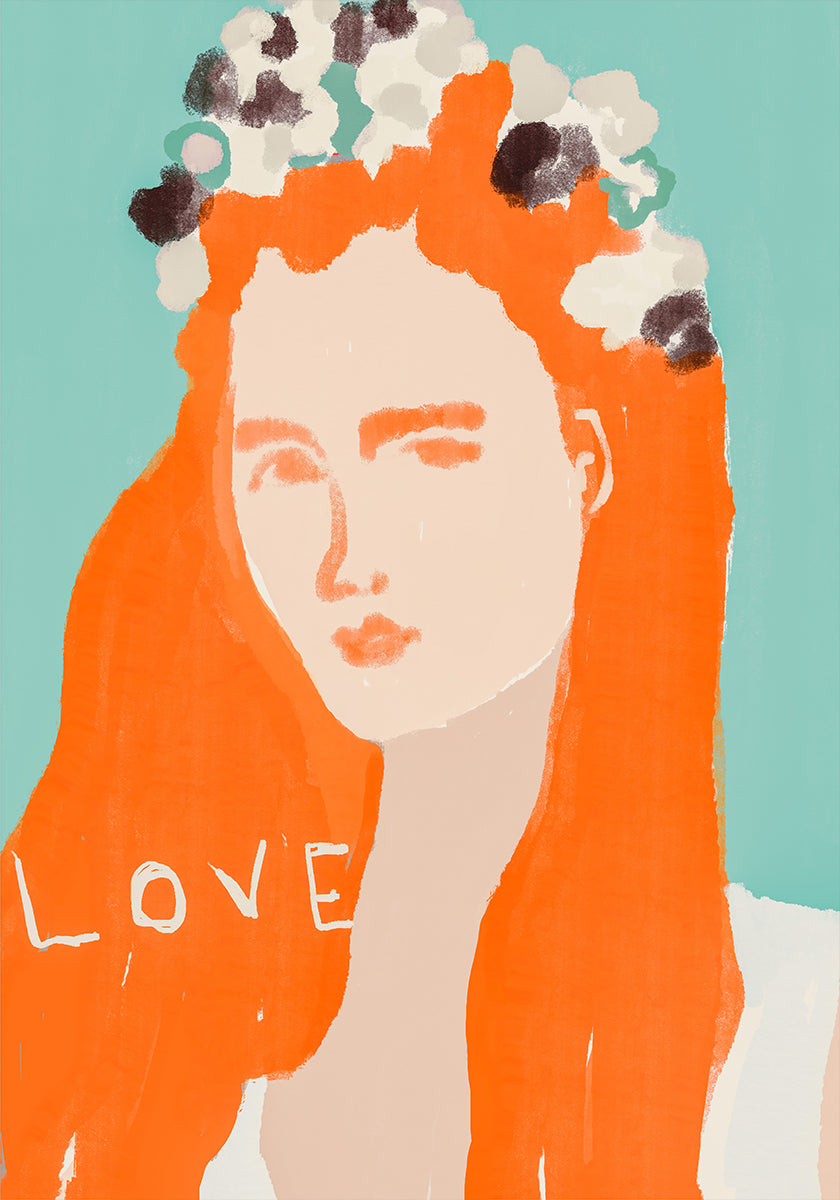 Woman with Orange Hair Adorned with Flowers Plakat - Posterbox