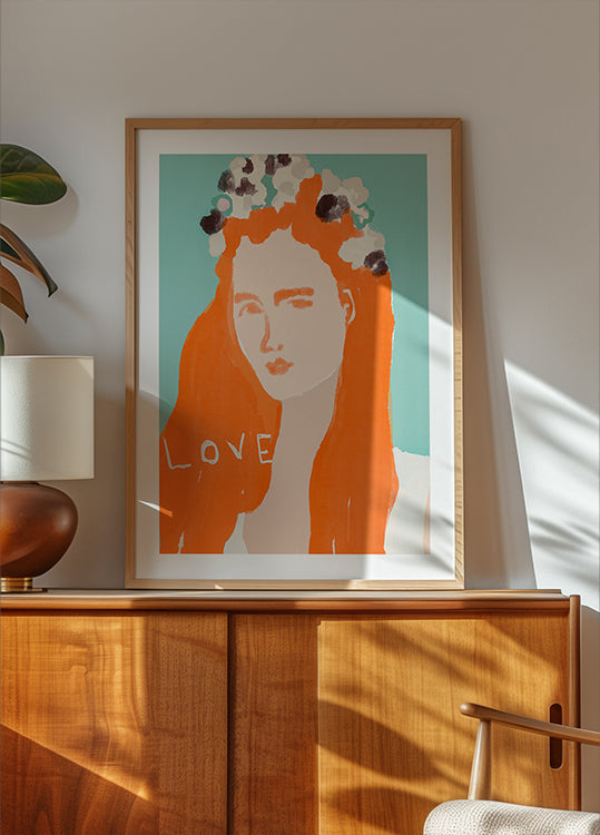 Woman with Orange Hair Adorned with Flowers Plakat - Posterbox