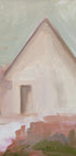 La imagen es una pintura al óleo que representa una casa blanca con un techo triangular sobre un fondo verde pálido.