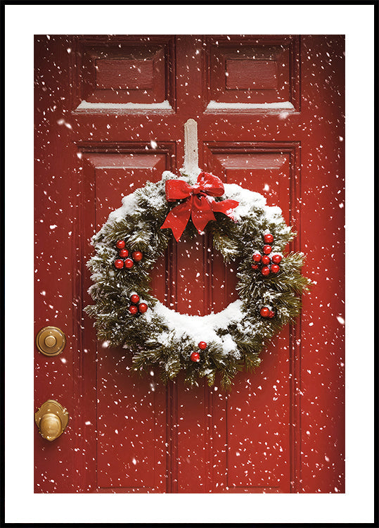 a red door with a wreath on it