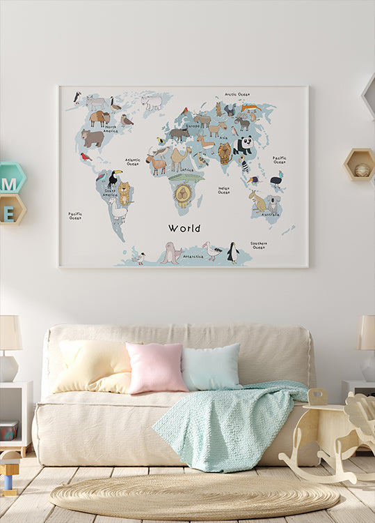 Illustrated Map of the World with Cute Animals Plakat - Posterbox