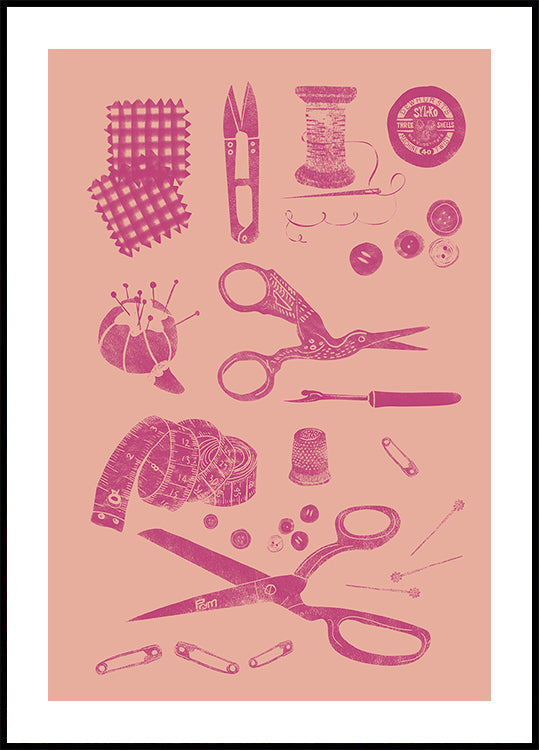 La imagen es una colección de diversas herramientas y materiales de costura y manualidades, incluidas tijeras, alfileres, agujas, botones y cinta métrica, todos representados en una combinación de colores rosa.