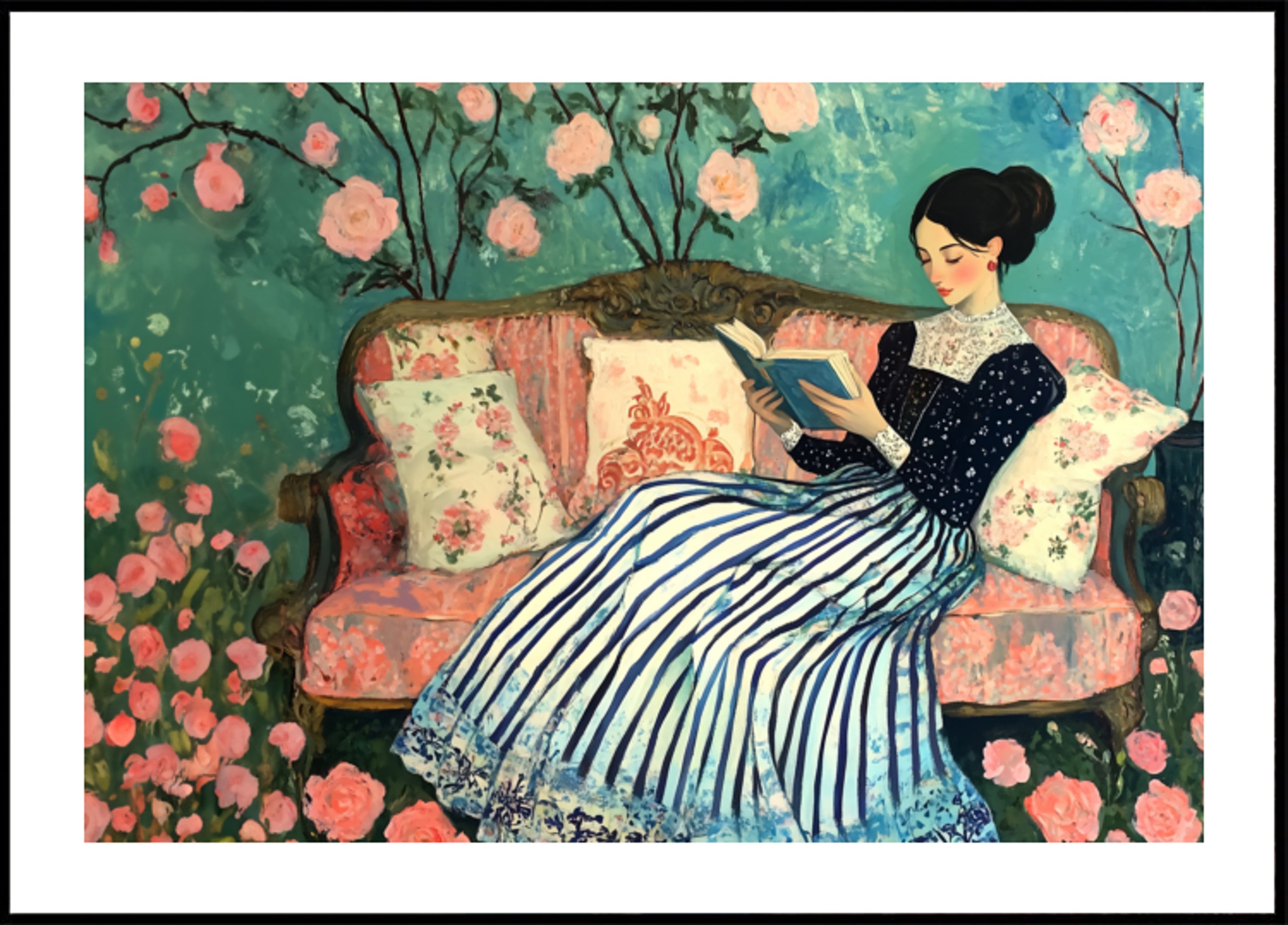 Mujer leyendo en rosas