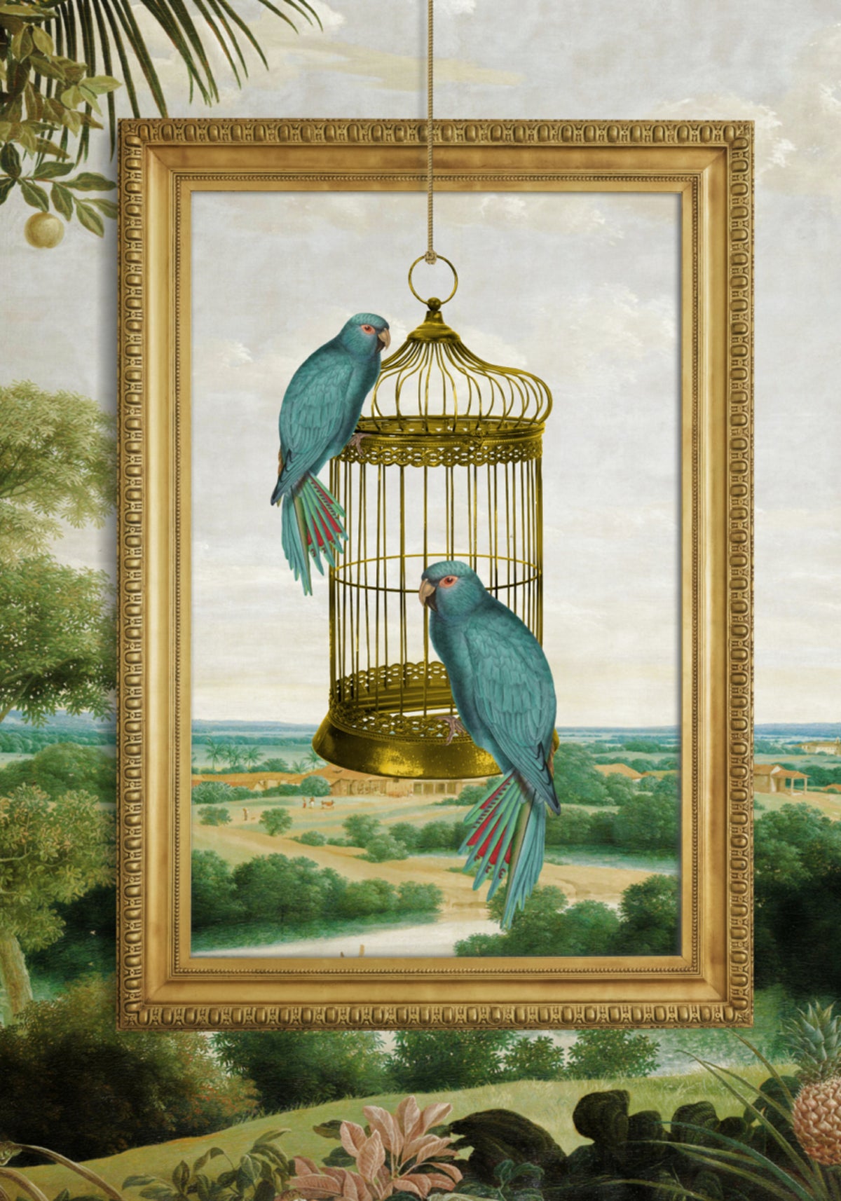 Jaula dorada del loro azul