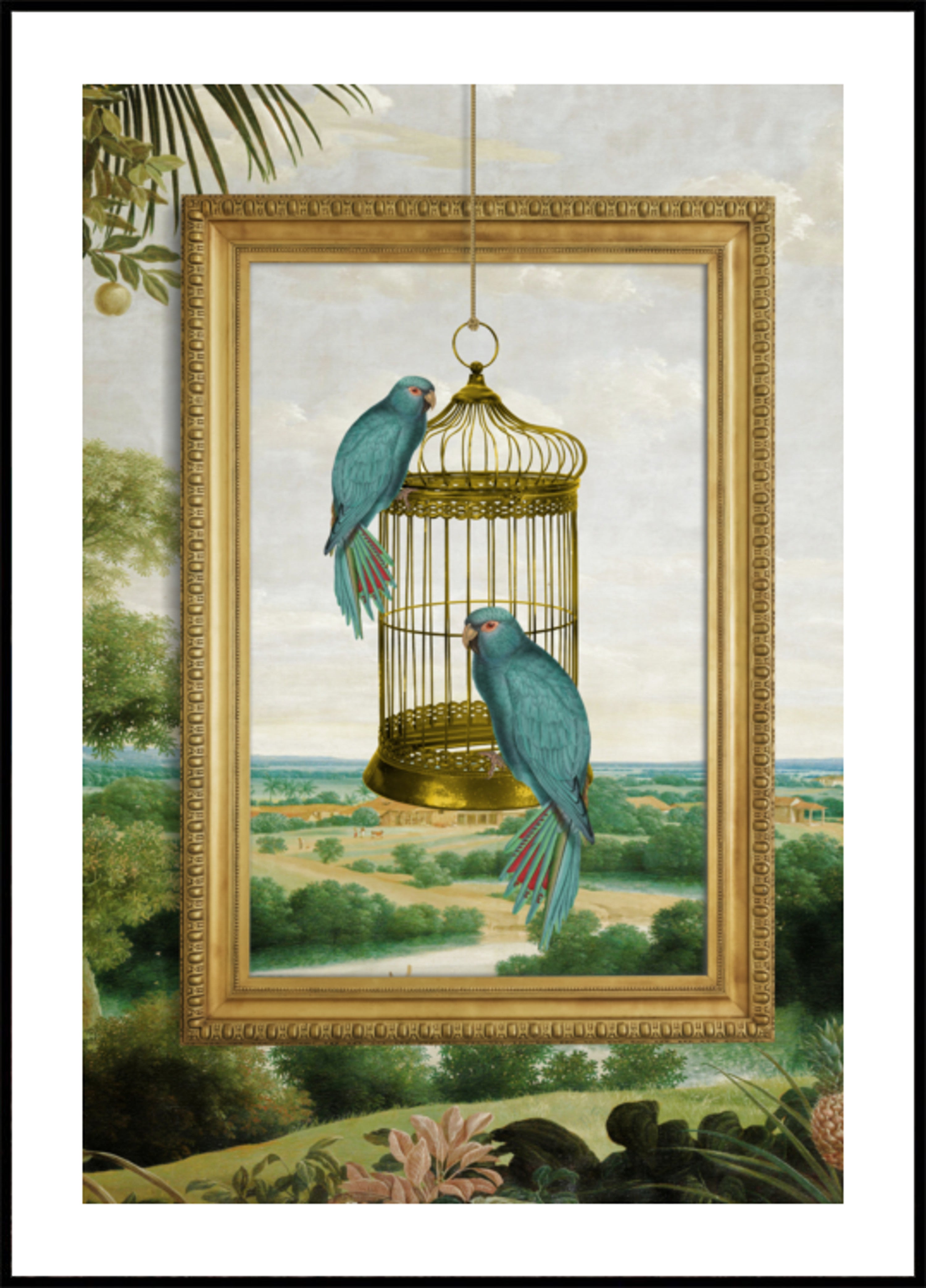 Jaula dorada del loro azul