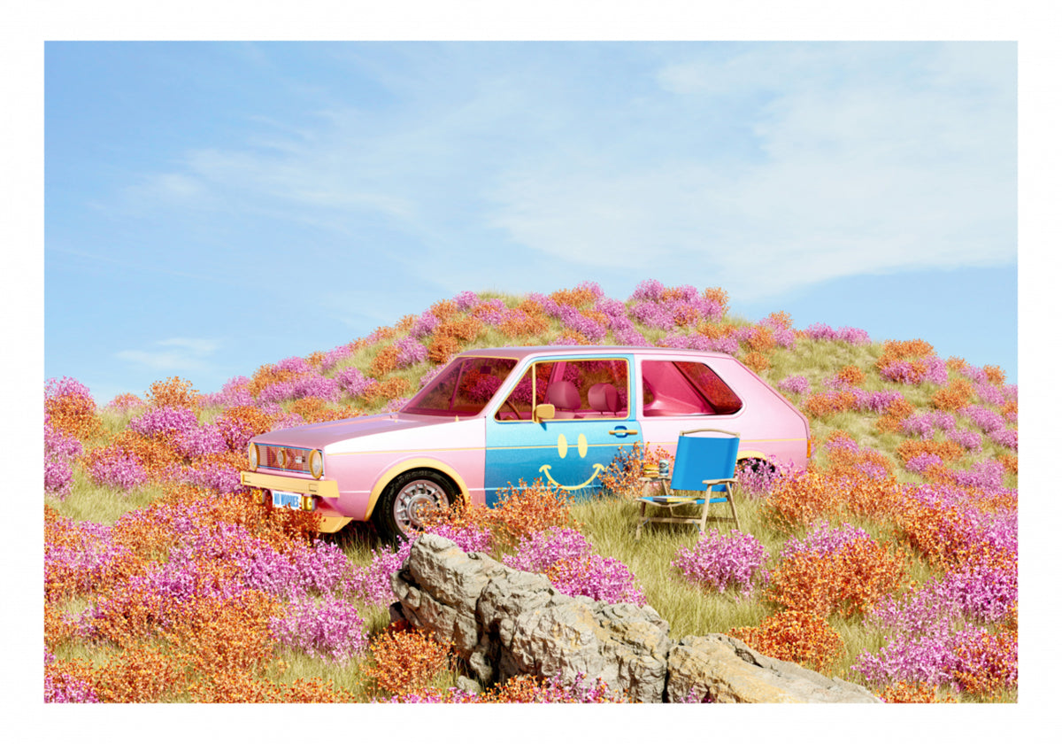 Coche sonriente en flores